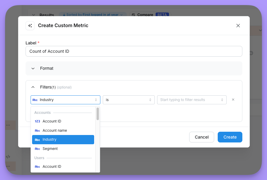 The custom metric creation modal with a filter rule added, narrowing which rows the aggregation covers