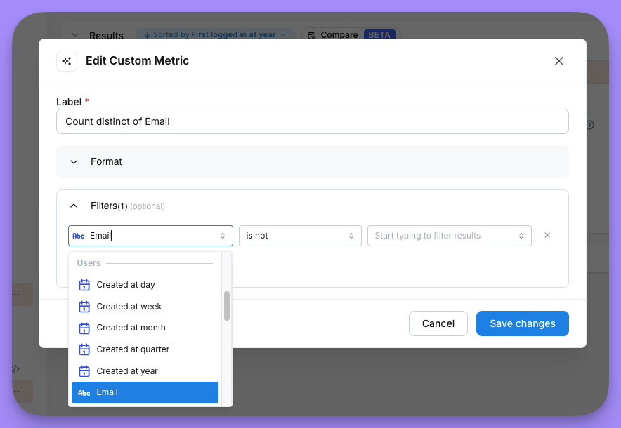 The edit modal for an existing custom metric, with its filter rules listed and an option to add another