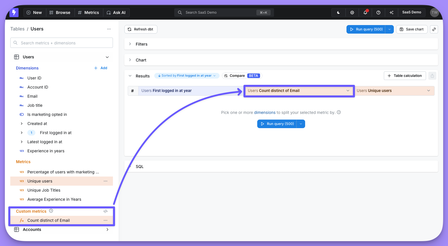 The new custom metric as a column in the results table and listed under Custom metrics in the sidebar
