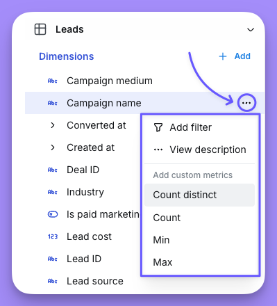 A dimension's three-dot options menu open in the results table, listing aggregations like Count distinct that create a custom metric
