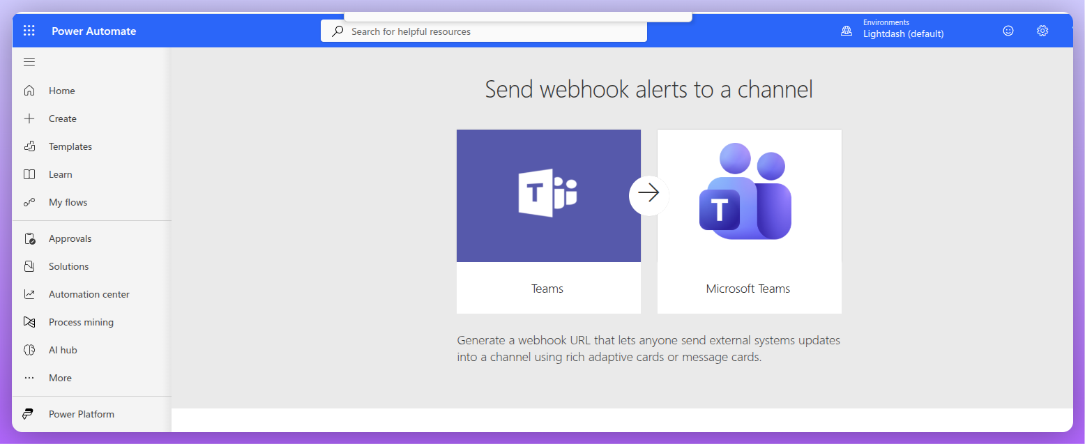 The Power Automate template gallery showing the "Send webhook alerts to a channel" Microsoft Teams template