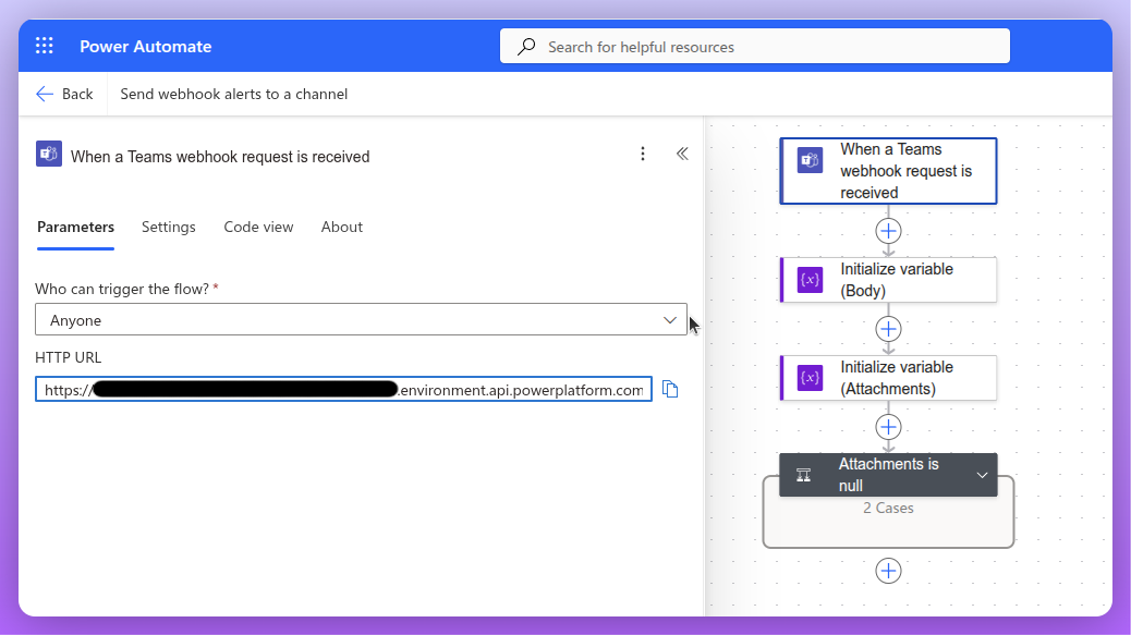 The Power Automate flow editor with the Teams webhook trigger selected and its HTTP URL field ready to copy