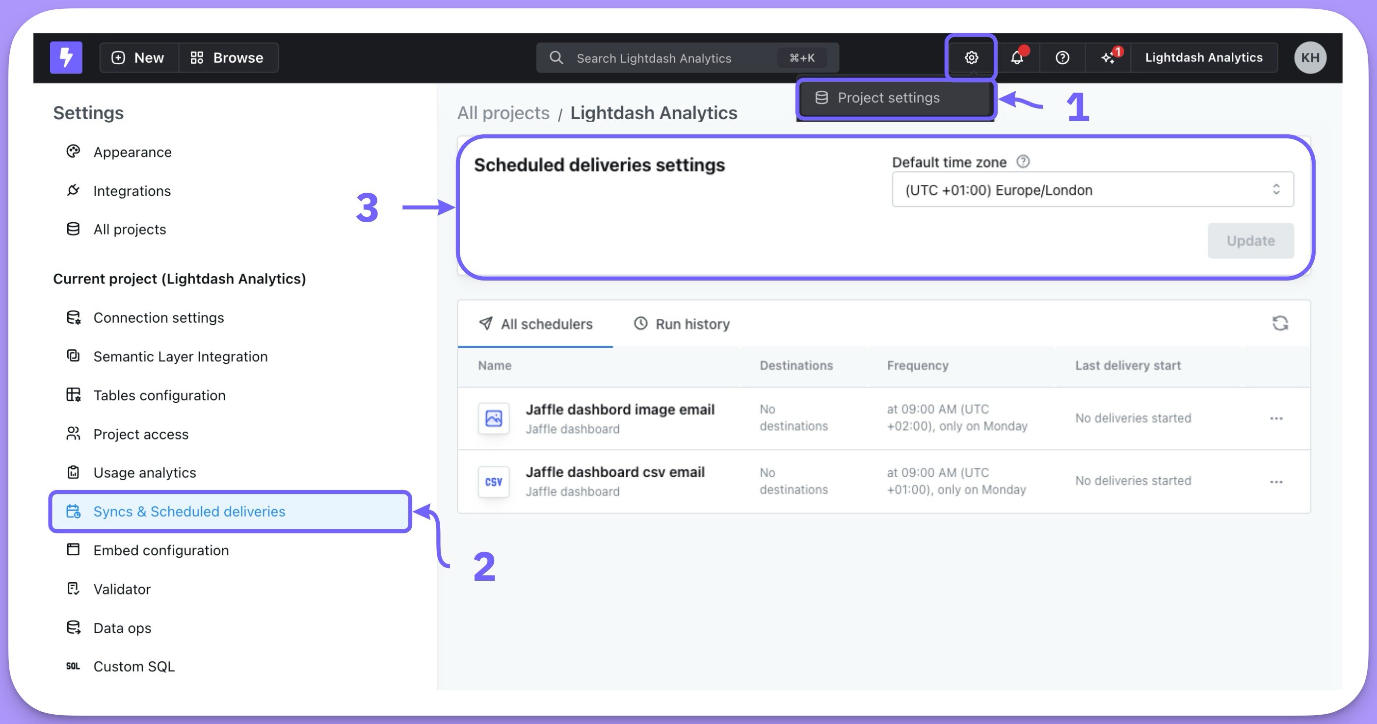The default time zone setting in the project's Syncs & Scheduled deliveries settings