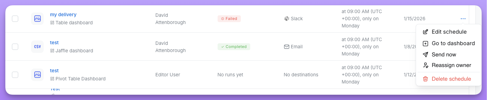 The three-dot menu on one delivery row with Reassign owner selected, and a dropdown for searching the new owner