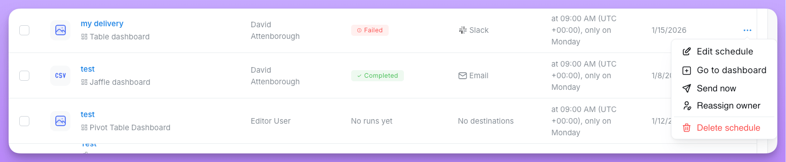 The three-dot menu on one delivery row with Reassign owner selected, and a dropdown for searching the new owner