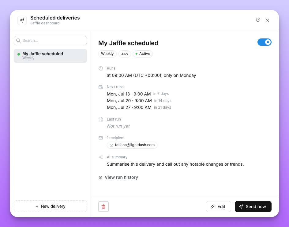 A scheduled delivery's detail view showing its schedule, format, next and last run, recipients, and the Edit, Send now and delete controls