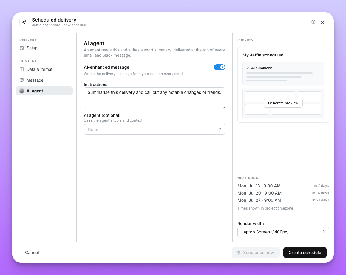 The Content > AI agent panel with AI-enhanced message toggled on, an Instructions box, and an agent picker