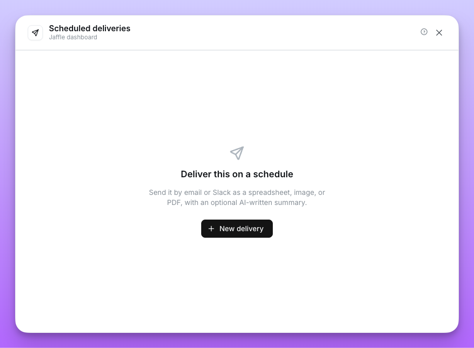 The scheduled deliveries modal with no deliveries yet, offering a New delivery button