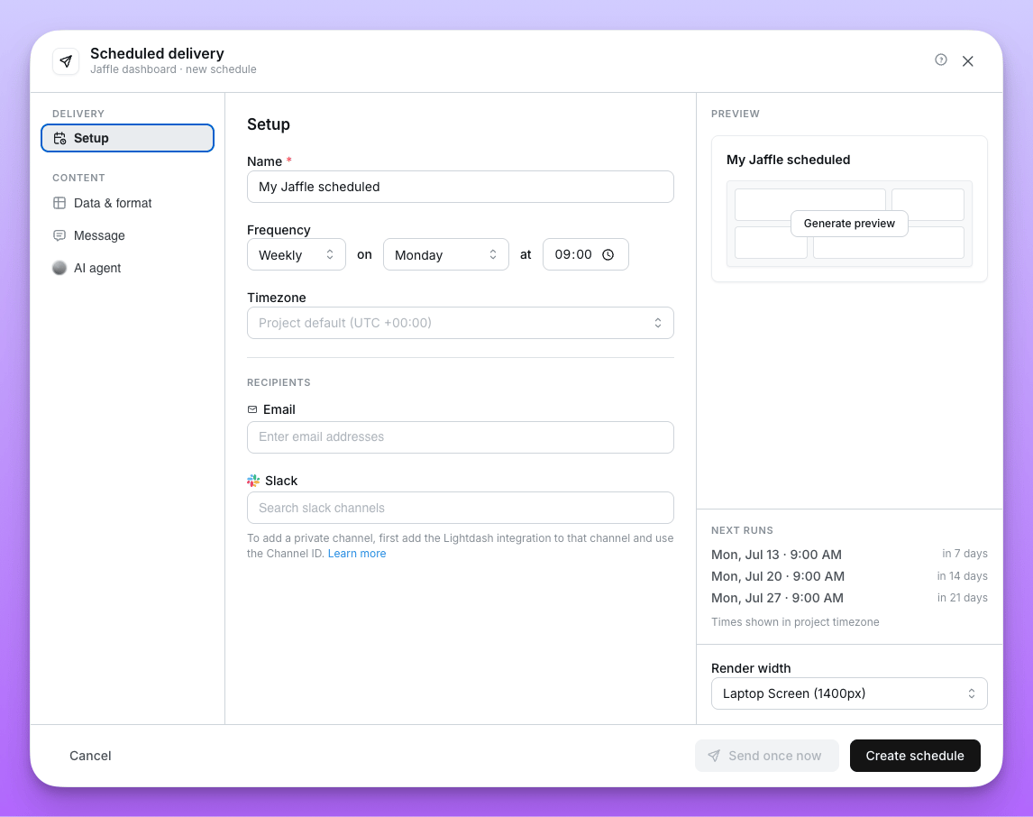 The Delivery > Setup panel with name, frequency, time zone and recipient fields, and the next send dates listed beside it