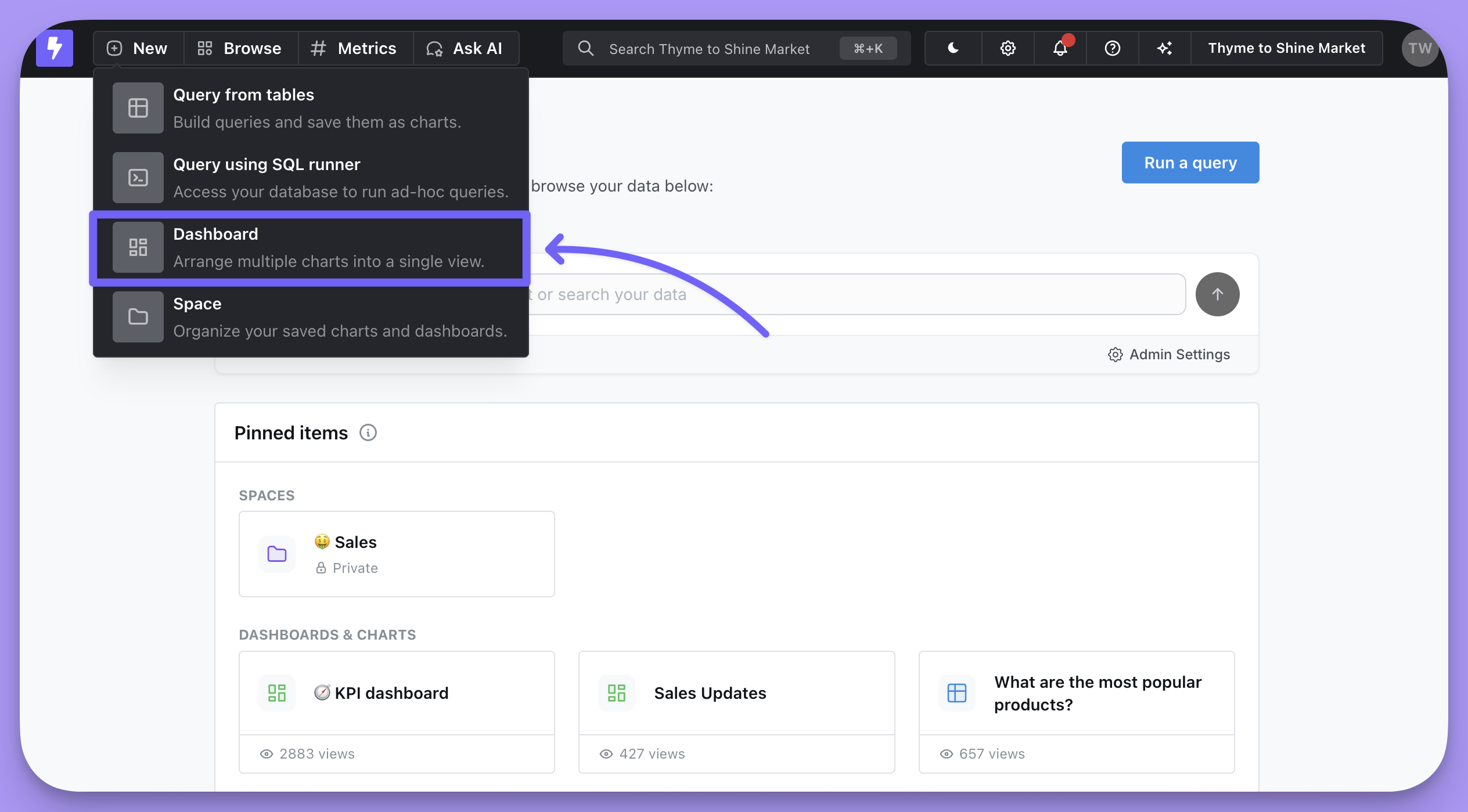 The New menu in the nav bar with the Dashboard option