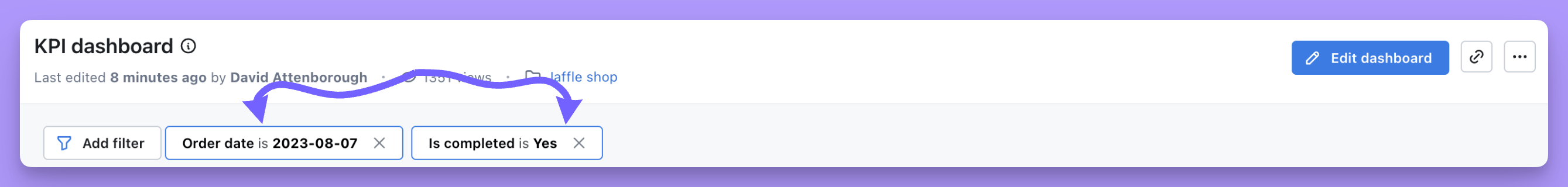 Applied filters shown at the top of a dashboard
