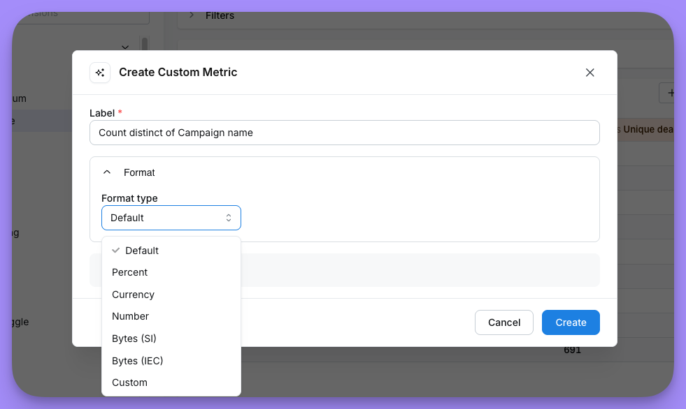 The Format section of the custom metric modal, with format type, rounding, compact and prefix or suffix fields