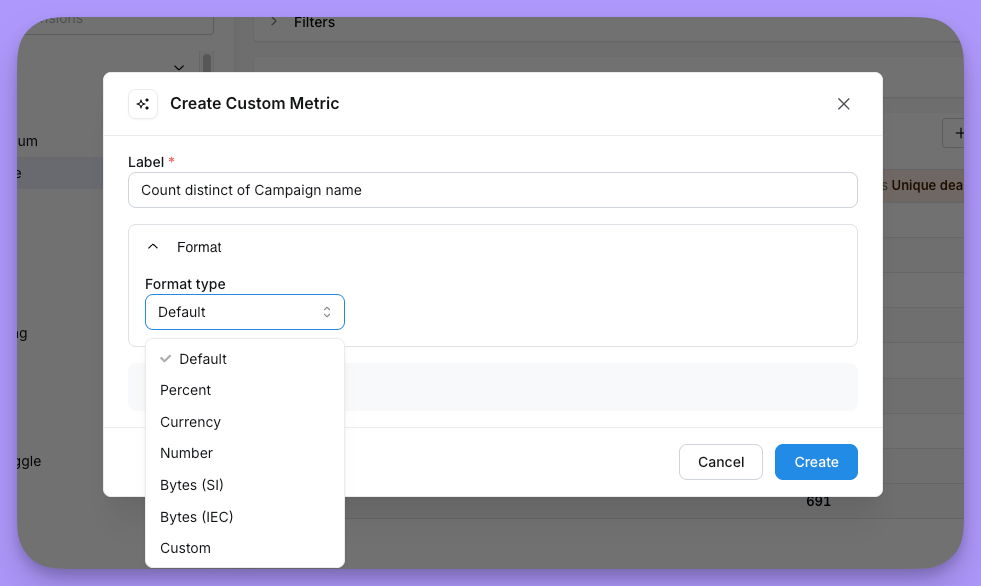 The Format section of the custom metric modal, with format type, rounding, compact and prefix or suffix fields