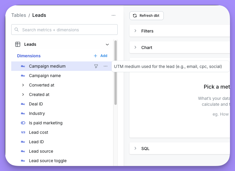 A field in the sidebar hovered, showing its YAML description in a tooltip