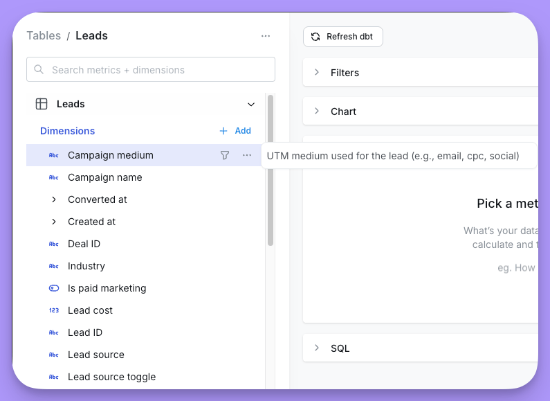 A field in the sidebar hovered, showing its YAML description in a tooltip