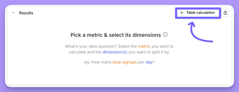 The results table header with the button on the right that adds a table calculation