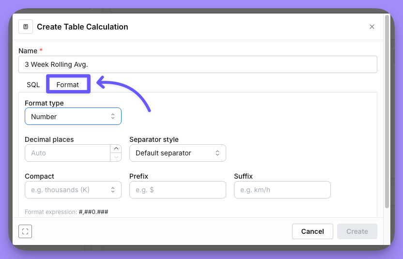 The Format tab of the table calculation editor, with the formatting type options