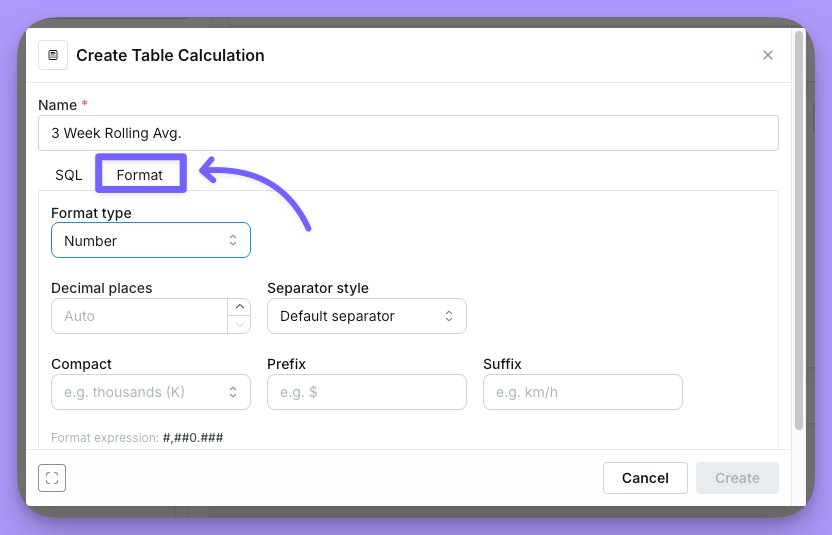 The Format tab of the table calculation editor, with the formatting type options