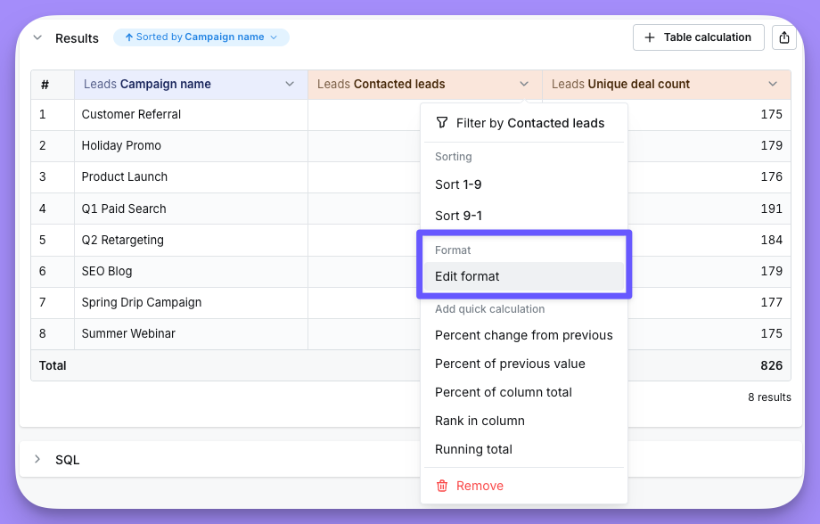 The formatting panel for a YAML metric opened from the results table, with type, round and compact options