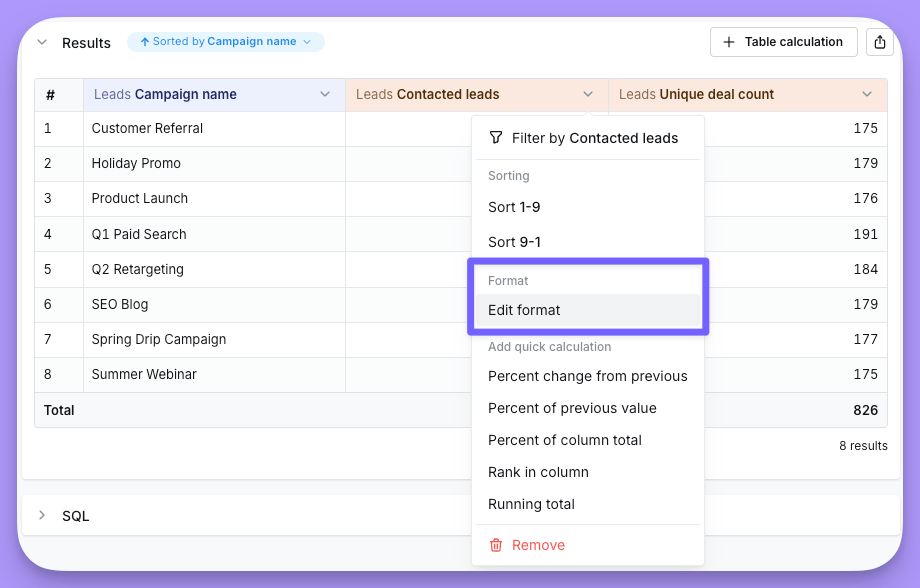 The formatting panel for a YAML metric opened from the results table, with type, round and compact options