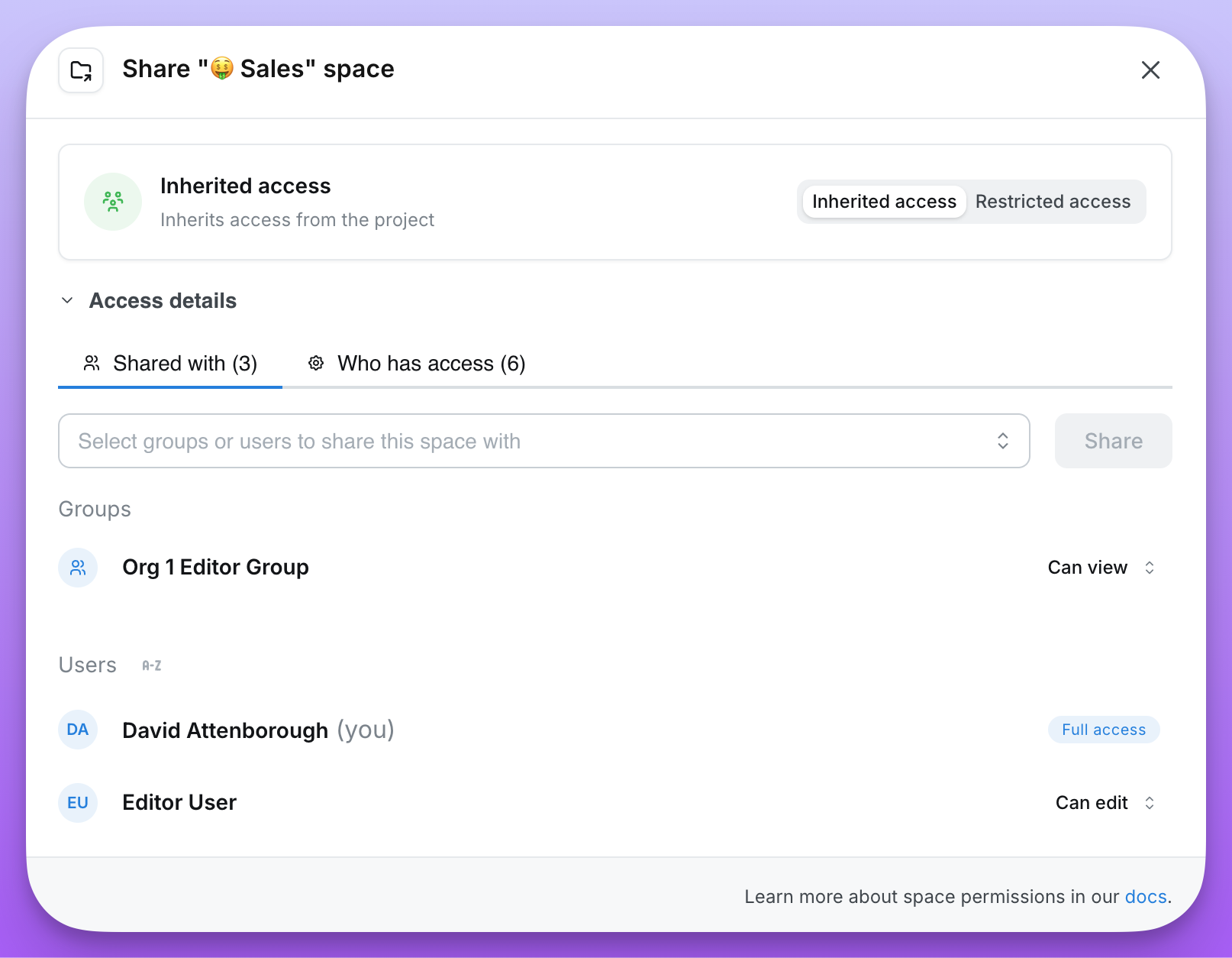 The Share dialog for a space set to Inherited Access, noting that everyone with access to the Lightdash analytics project can reach it