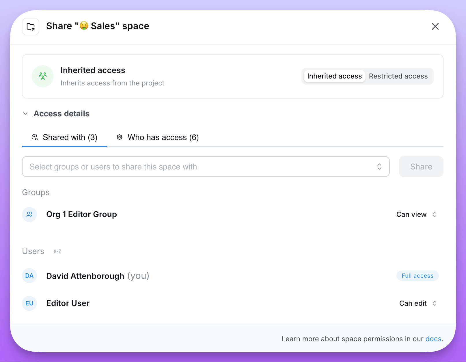 The Share dialog for a space set to Inherited Access, noting that everyone with access to the Lightdash analytics project can reach it