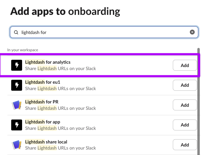 A Slack channel's add-apps dialog, with Lightdash for analytics highlighted in the search results