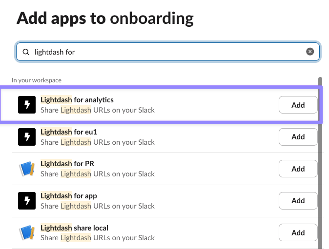 A Slack channel's add-apps dialog, with Lightdash for analytics highlighted in the search results