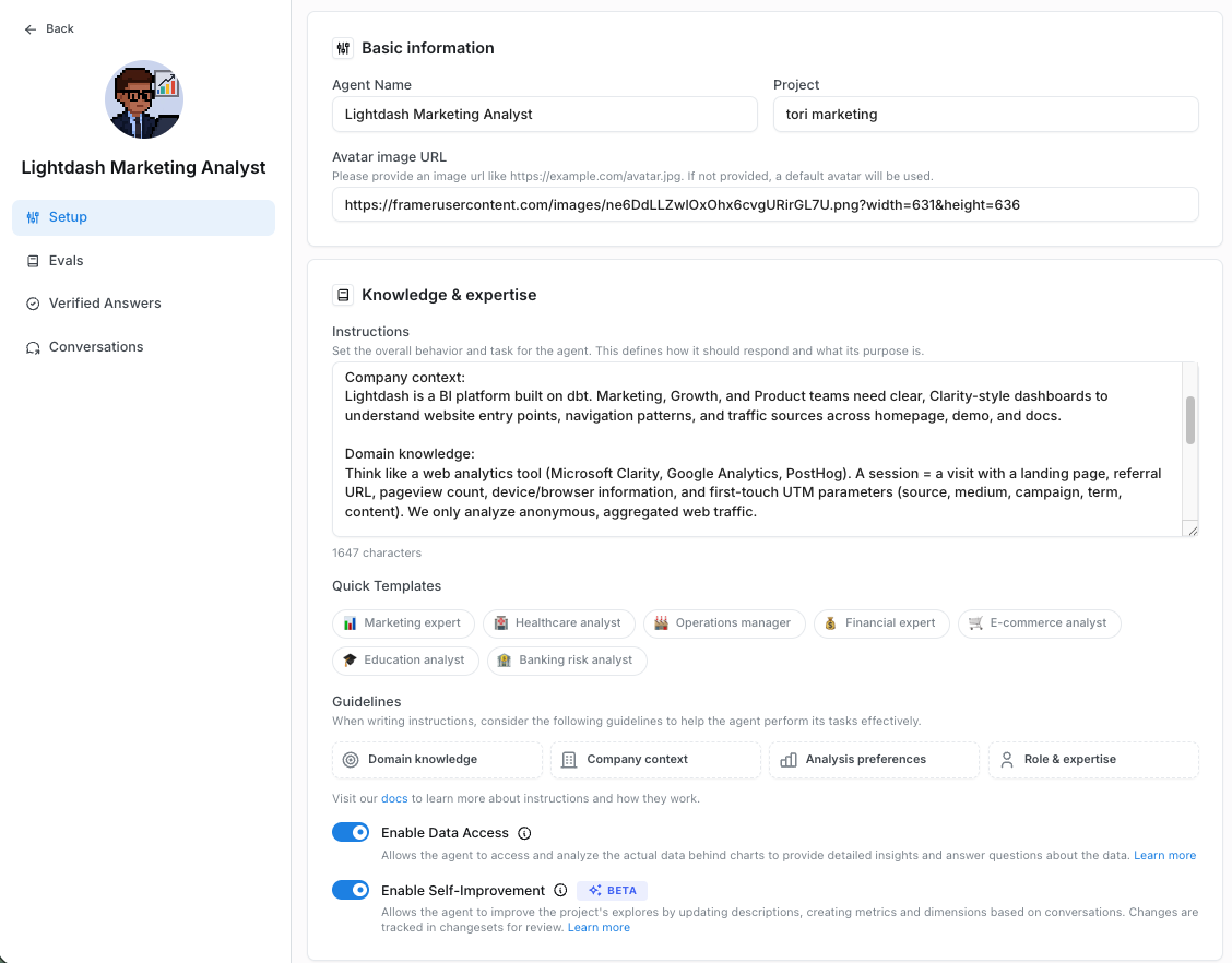 An agent's Setup page, with its name, avatar URL, instructions, quick templates, and data access toggles