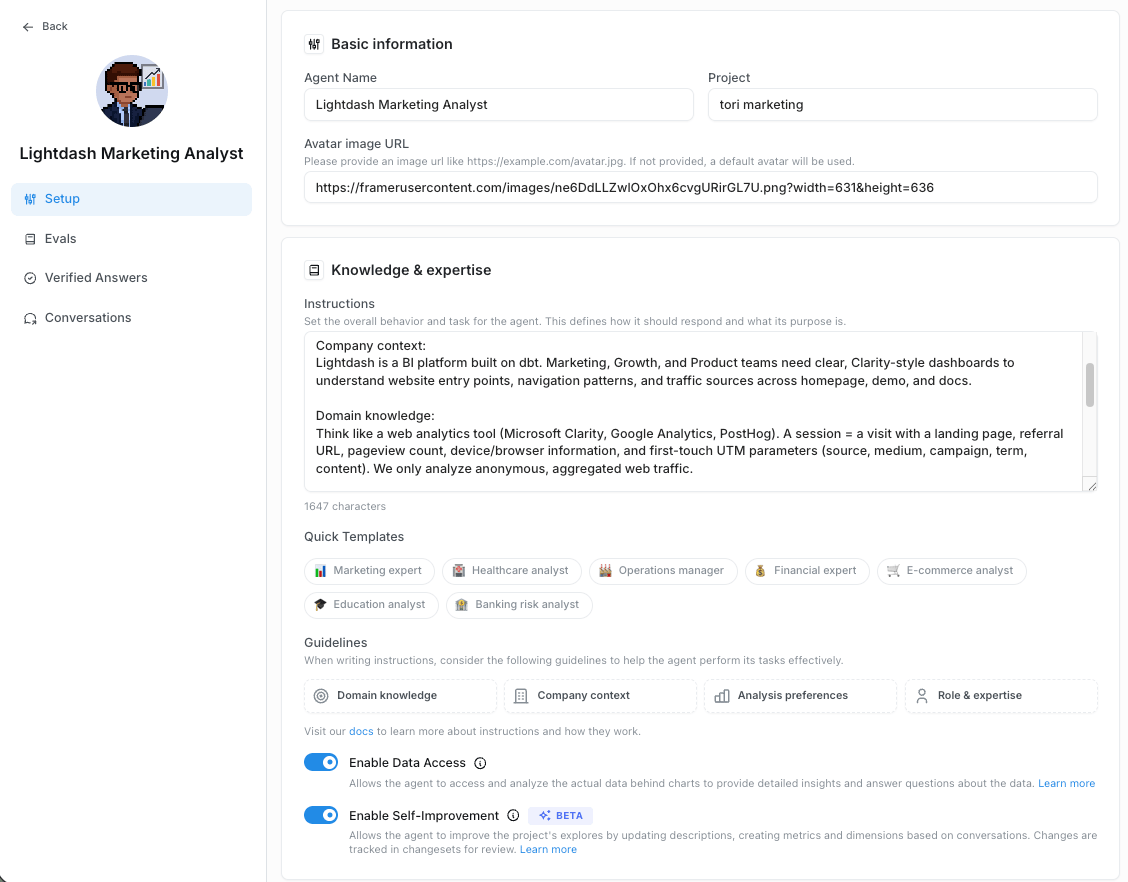 An agent's Setup page, with its name, avatar URL, instructions, quick templates, and data access toggles