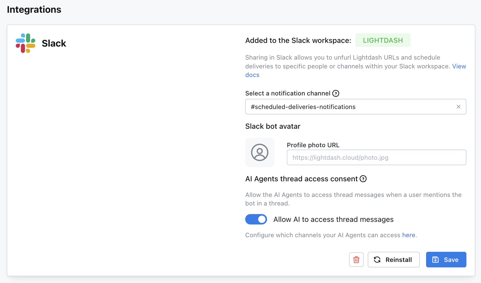The Slack integration settings, with the AI Agents thread access consent toggle switched on