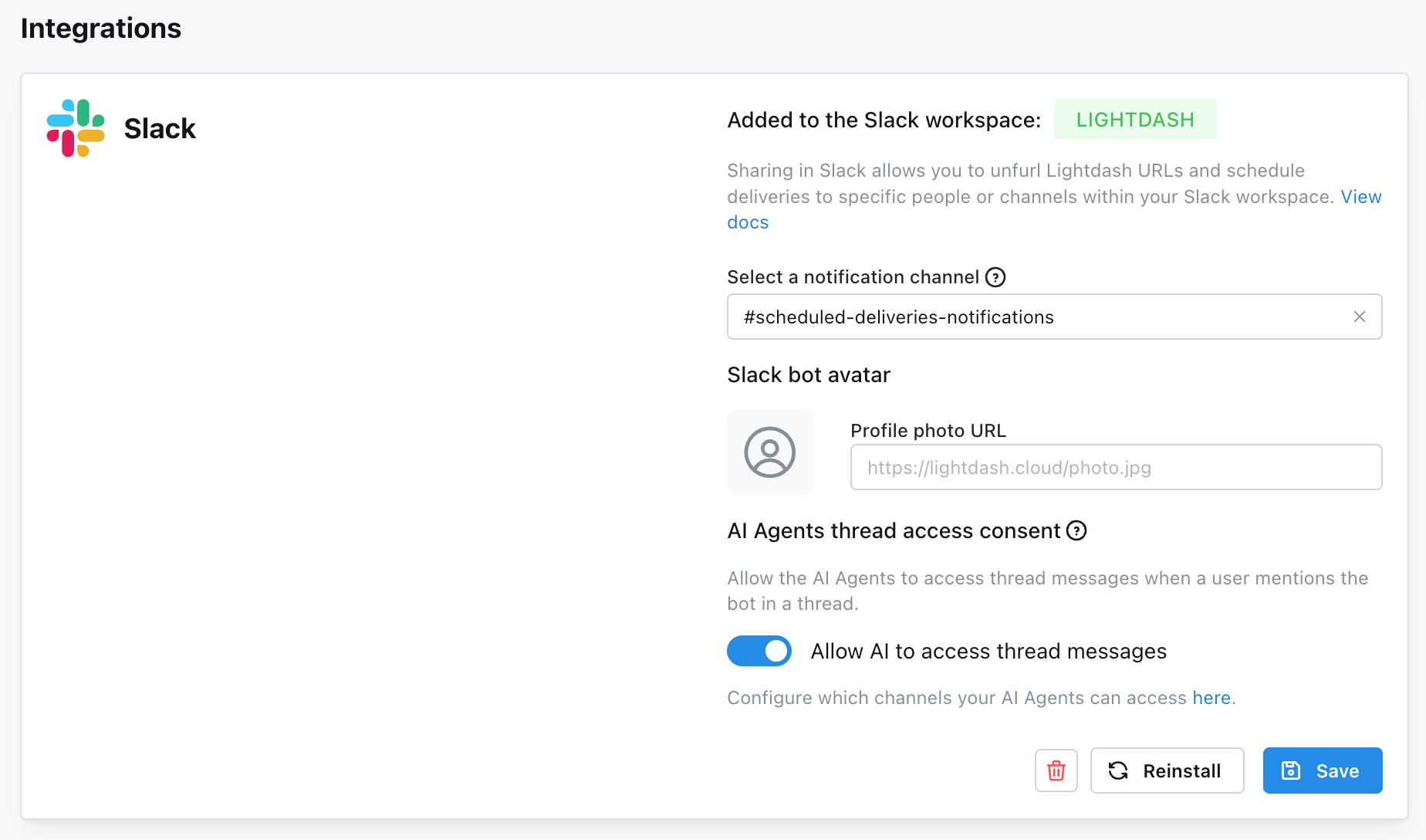 The Slack integration settings, with the AI Agents thread access consent toggle switched on
