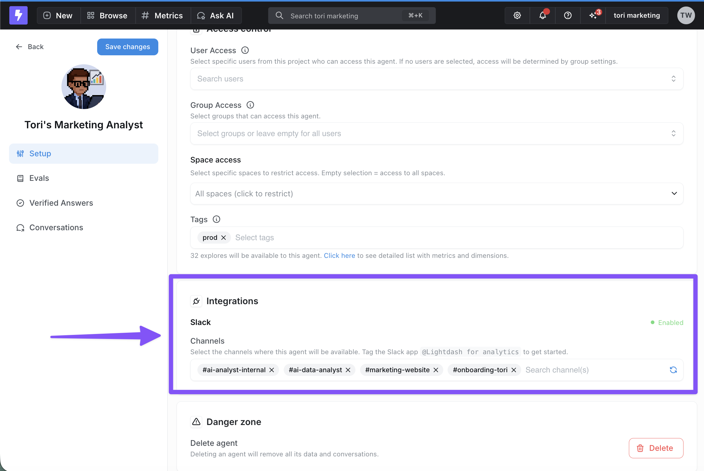 The agent's Integrations section, with Slack enabled and four channels selected