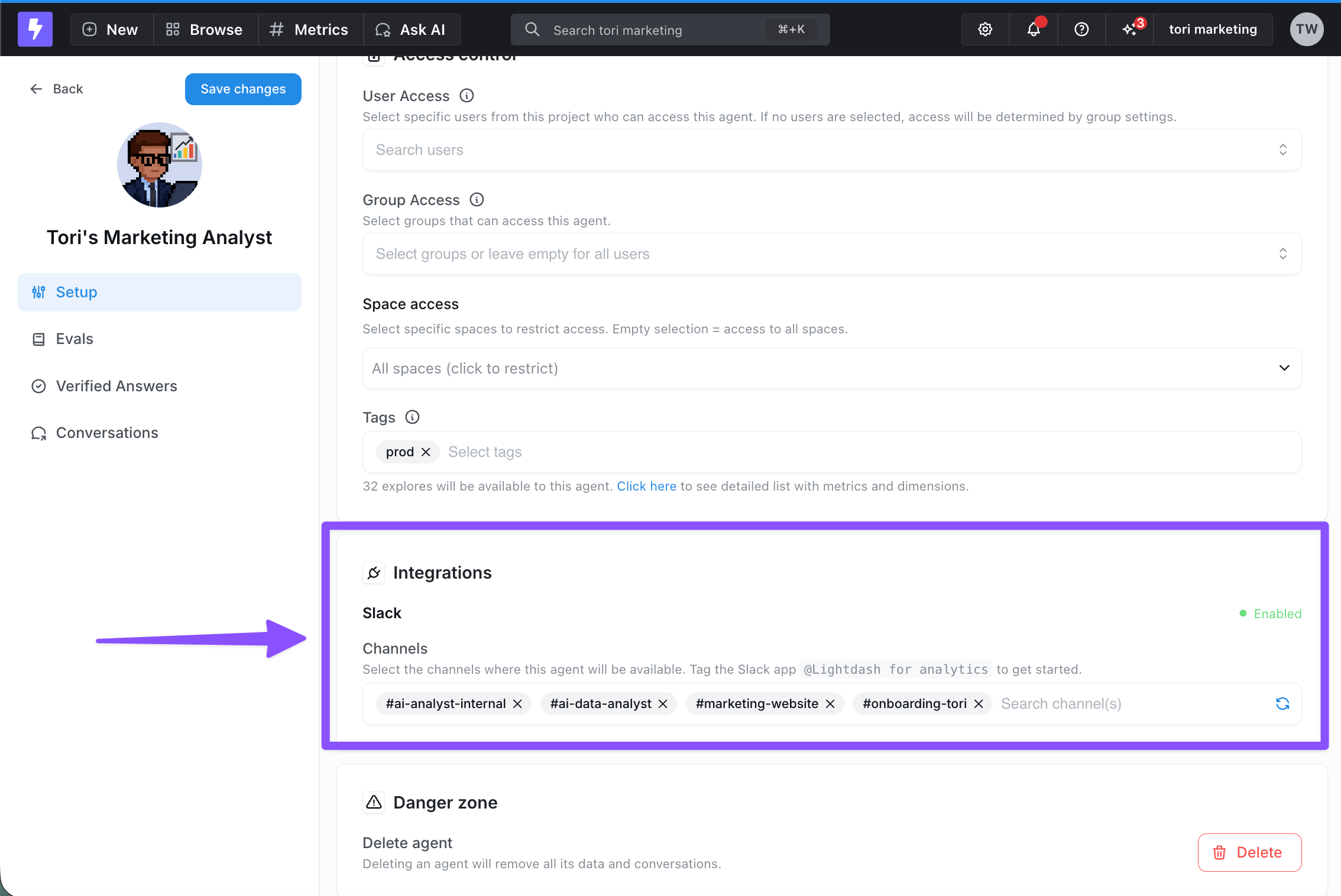 The agent's Integrations section, with Slack enabled and four channels selected