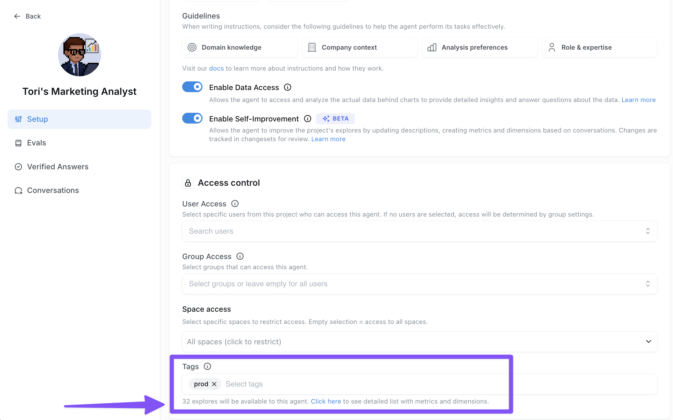 The agent's Access control section, with a prod tag in the Tags field and a note that 32 explores are available