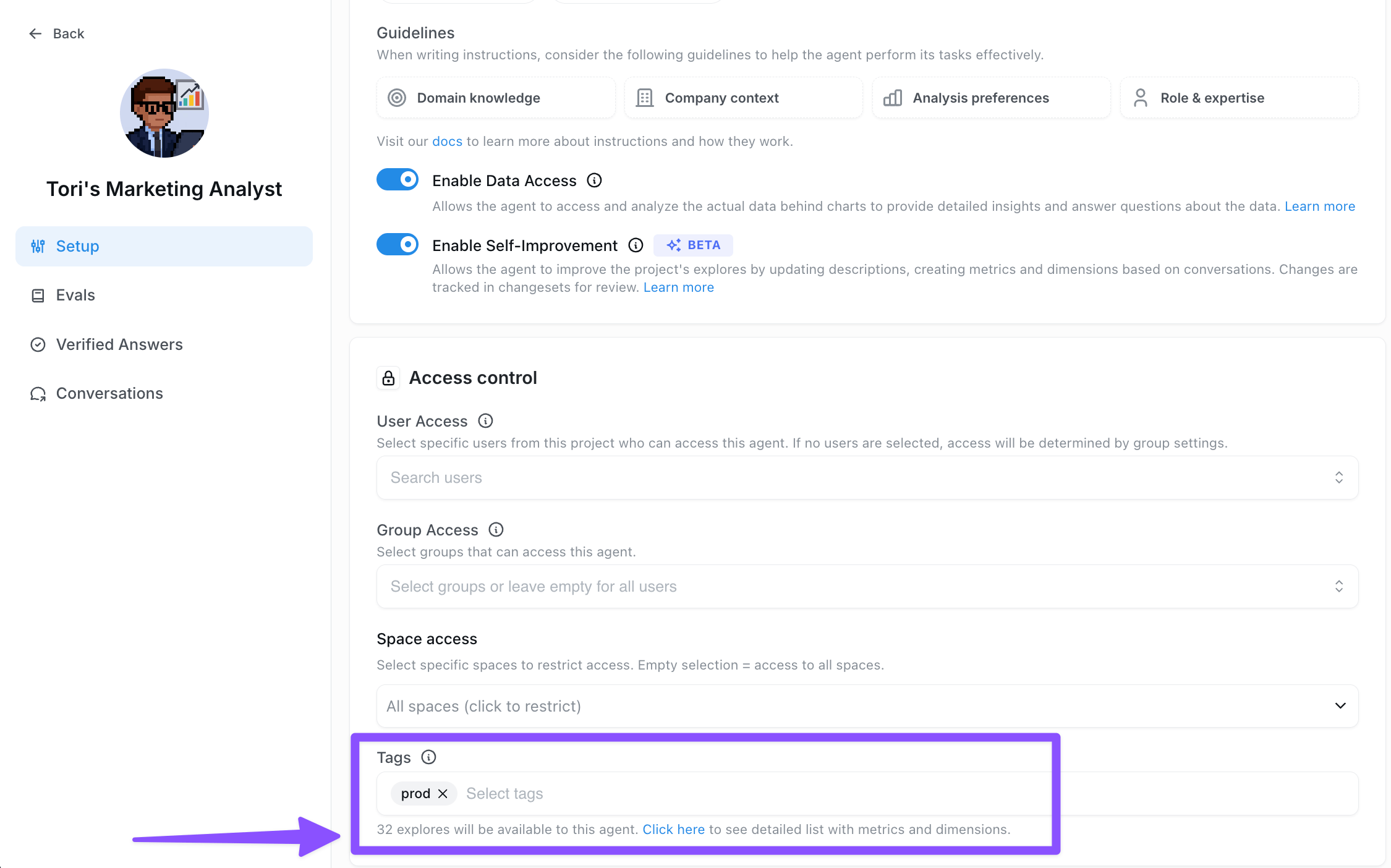 The agent's Access control section, with a prod tag in the Tags field and a note that 32 explores are available