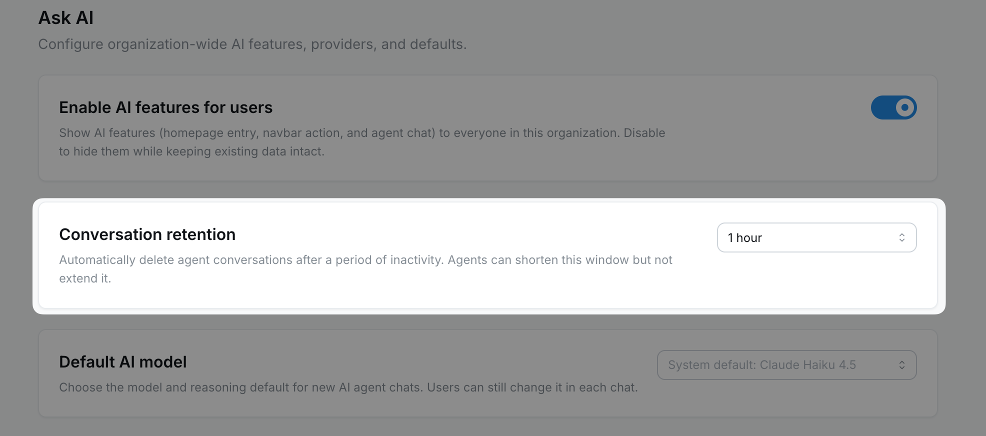 Conversation retention setting in the organization Ask AI settings