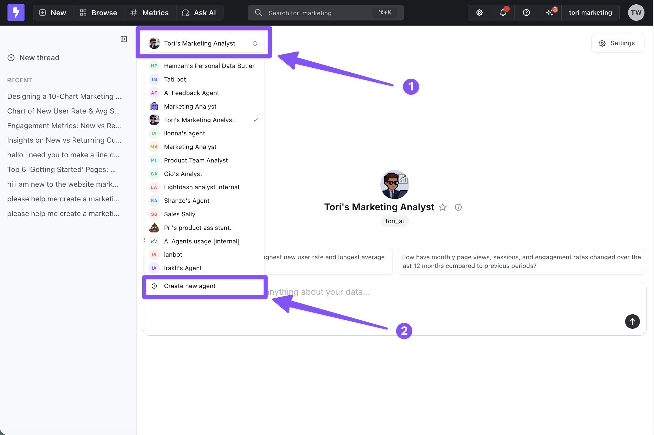 The agent picker dropdown listing the project's agents, with Create new agent at the bottom