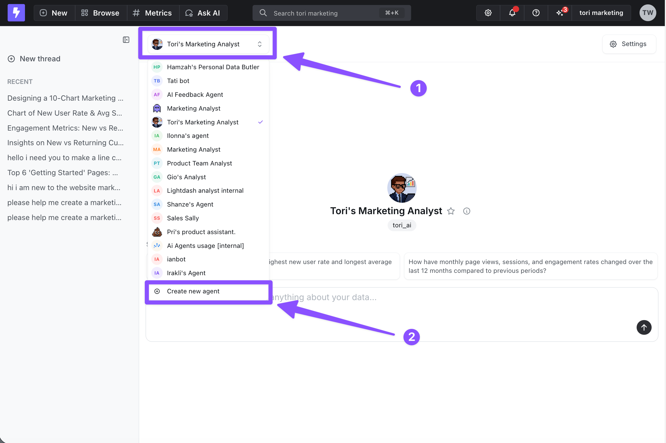 The agent picker dropdown listing the project's agents, with Create new agent at the bottom