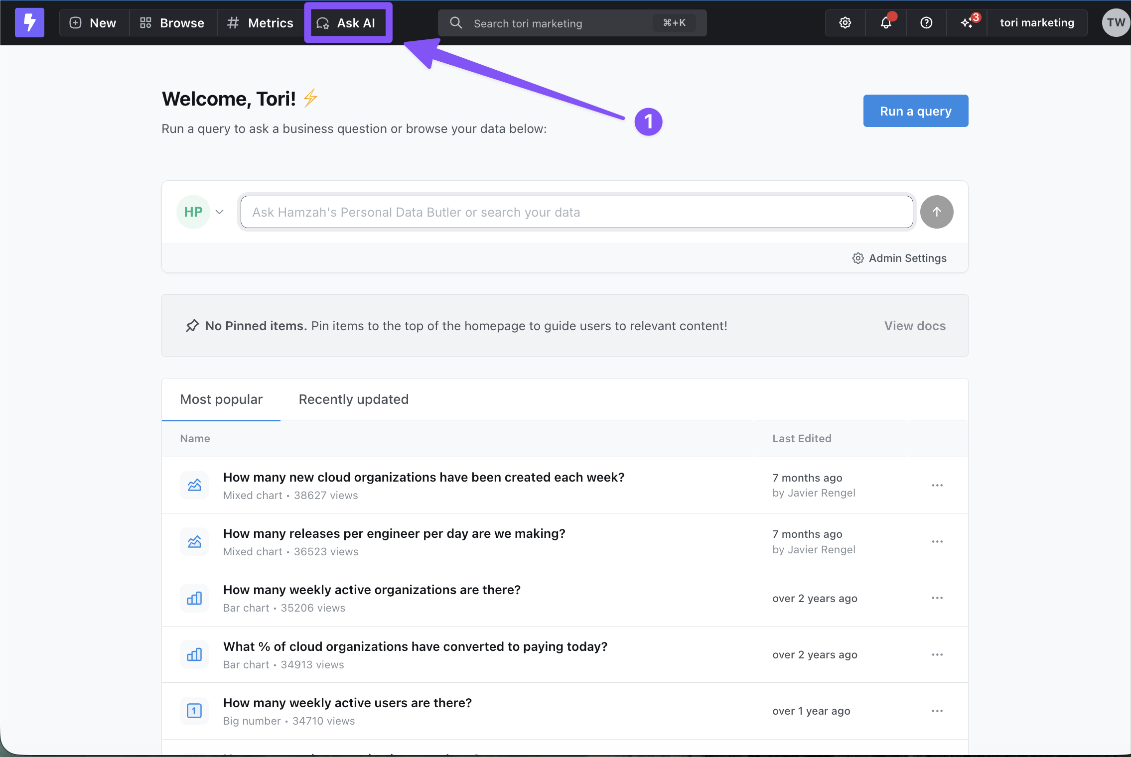 The Lightdash top navigation bar with Ask AI highlighted next to New, Browse, and Metrics