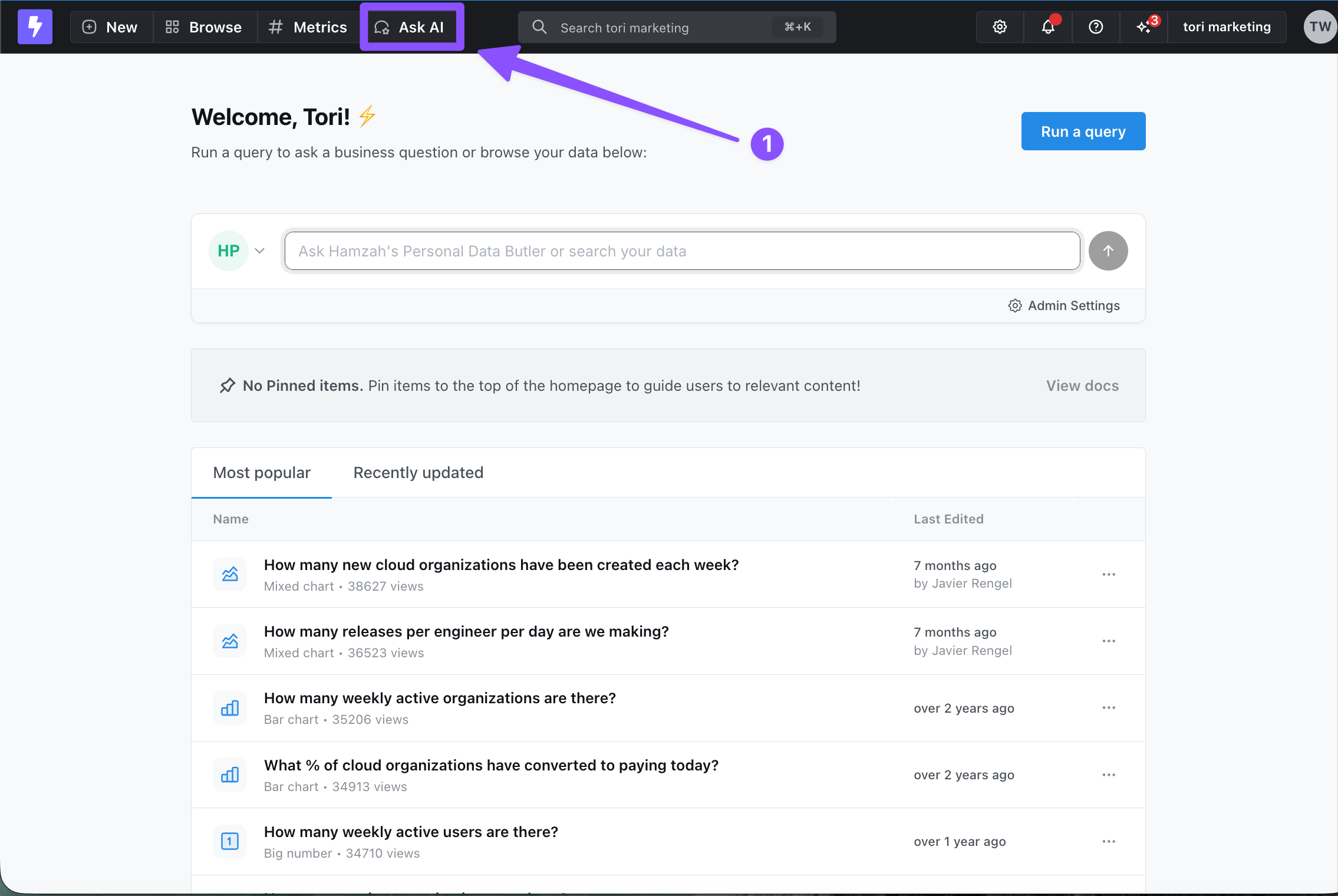 The Lightdash top navigation bar with Ask AI highlighted next to New, Browse, and Metrics