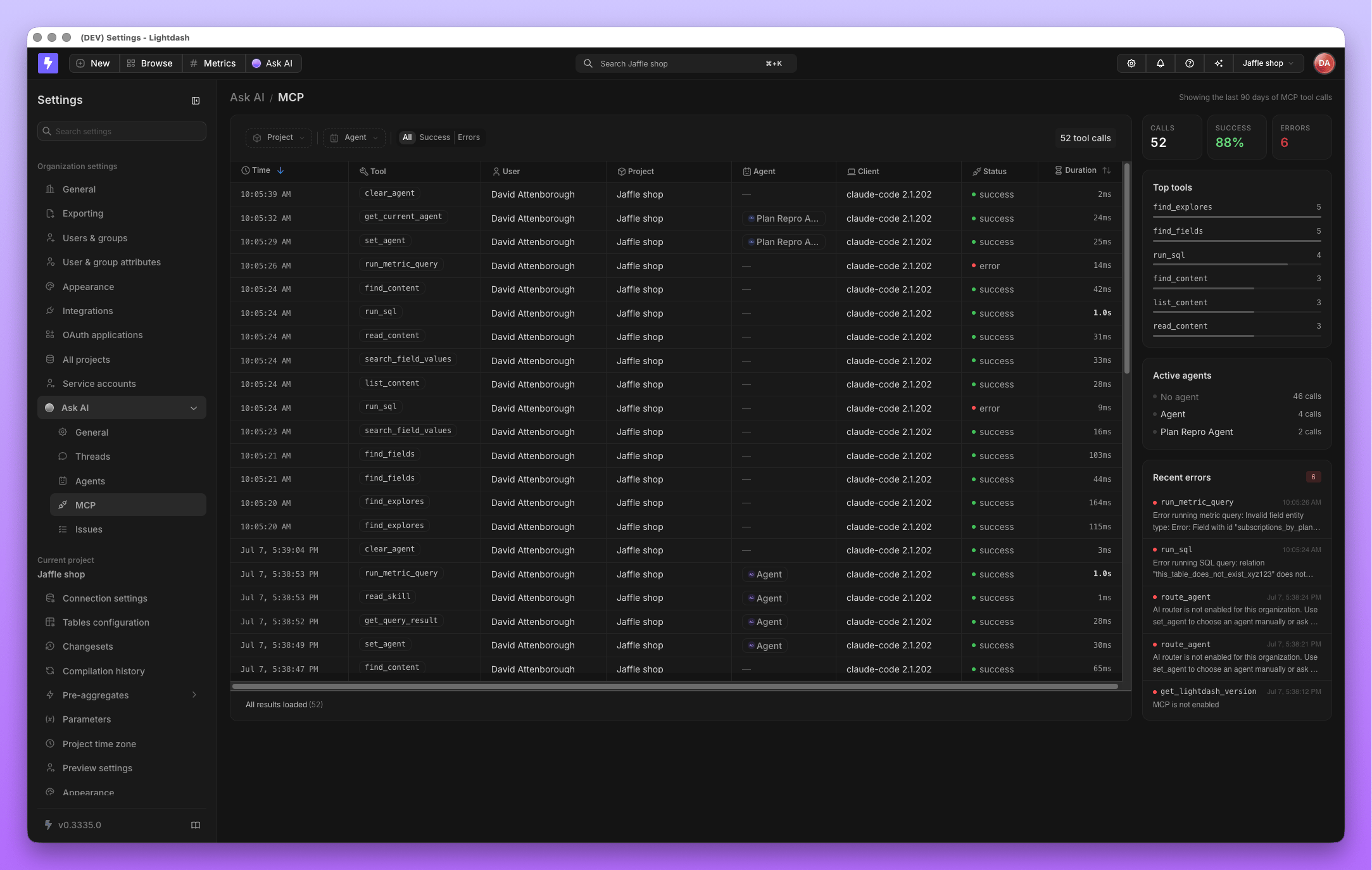 MCP activity feed showing a list of tool calls with tool name, agent, status, and duration columns