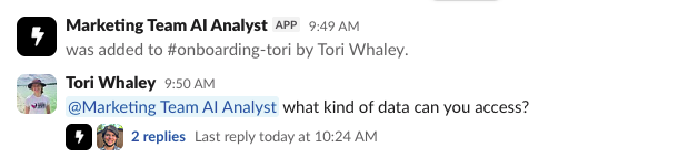 A Slack channel where a user mentions the agent to ask what kind of data it can access, with replies threaded below