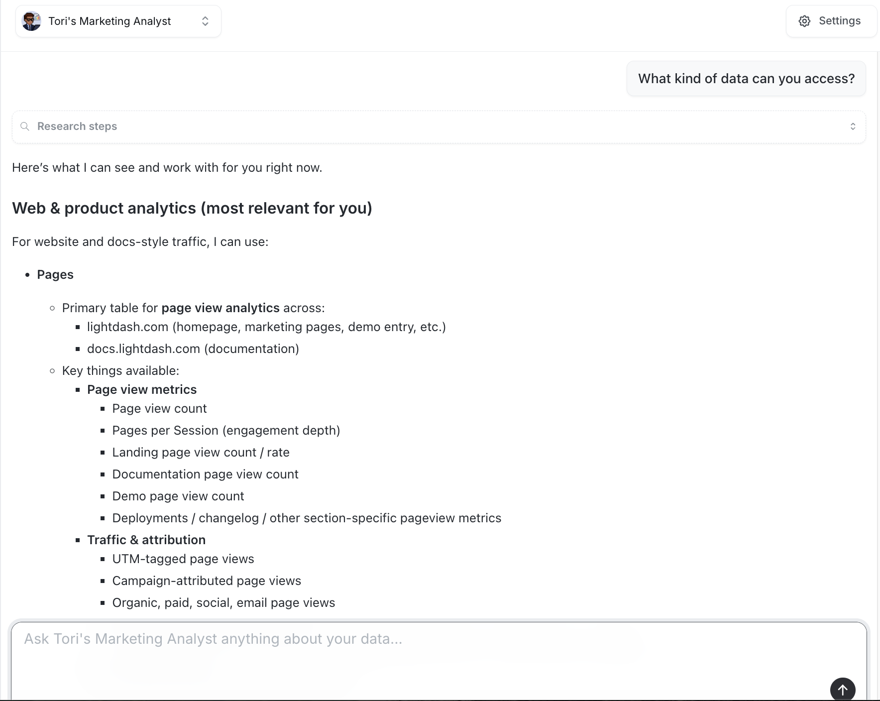 An agent answering what data it can access with a breakdown of available tables, metrics, and dimensions