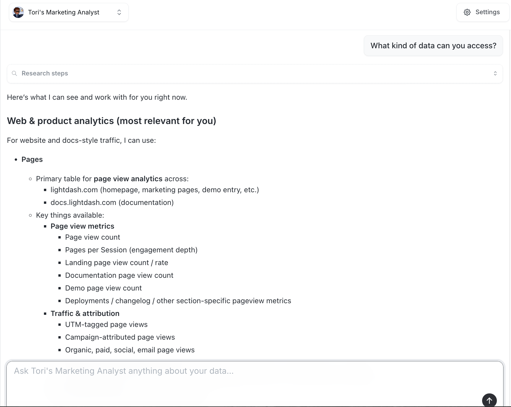 An agent answering what data it can access with a breakdown of available tables, metrics, and dimensions