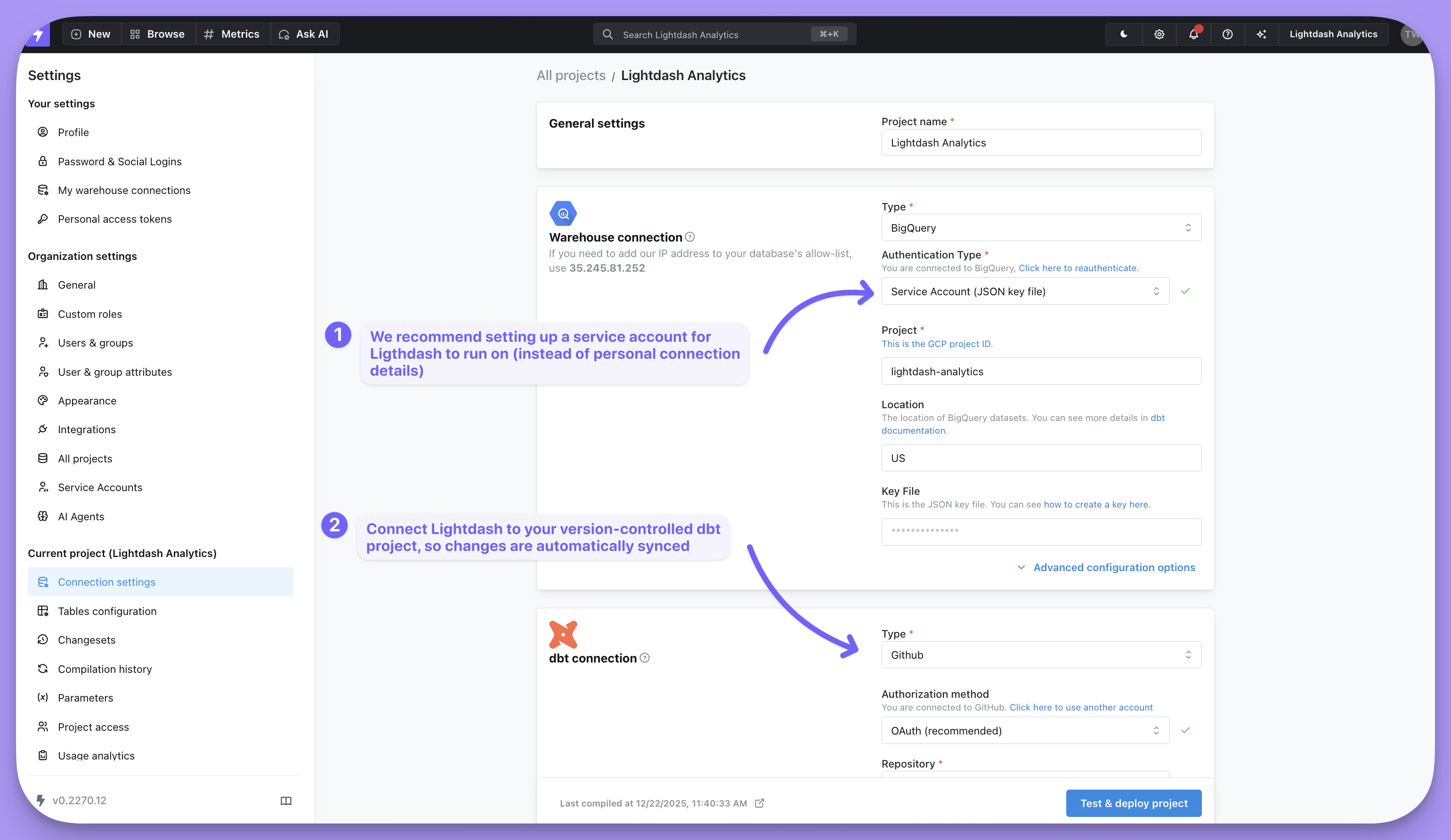Project connection settings with the warehouse authentication type set to a service account and the dbt connection set to GitHub