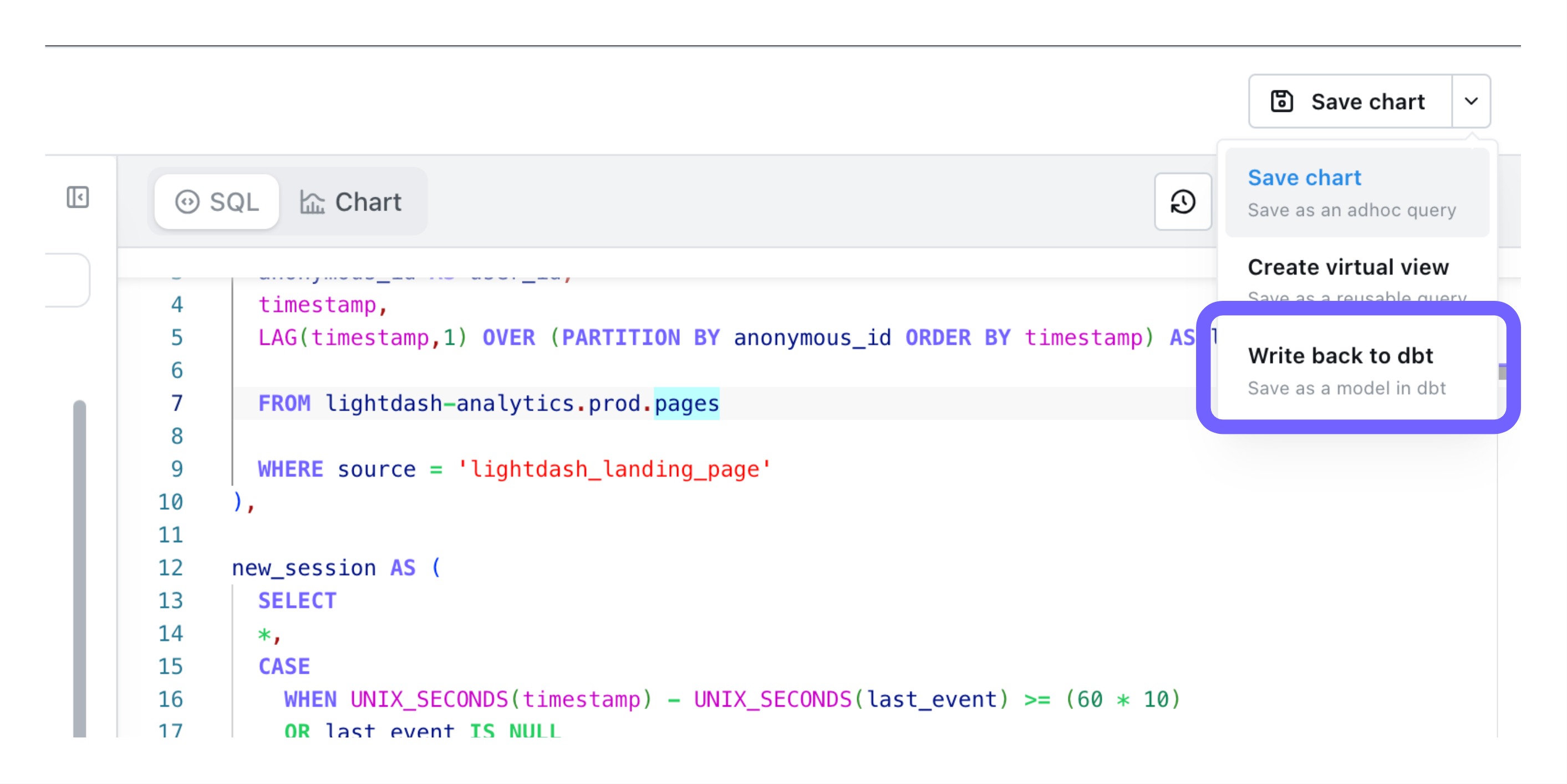 The SQL runner Save dropdown open, with Write back to dbt below Save chart and Create virtual view