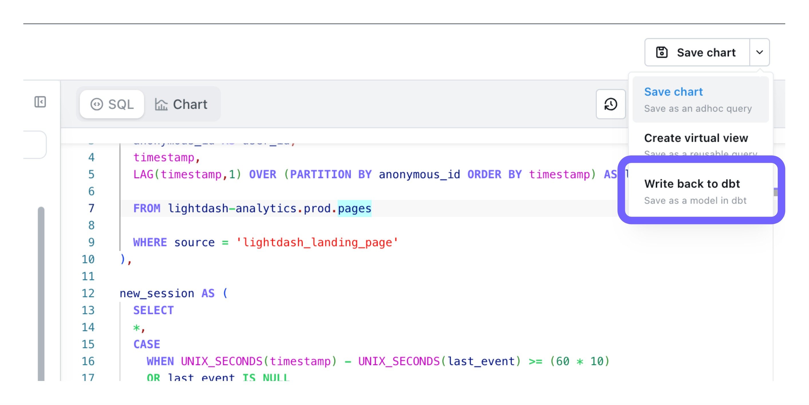 The SQL runner Save dropdown open, with Write back to dbt below Save chart and Create virtual view