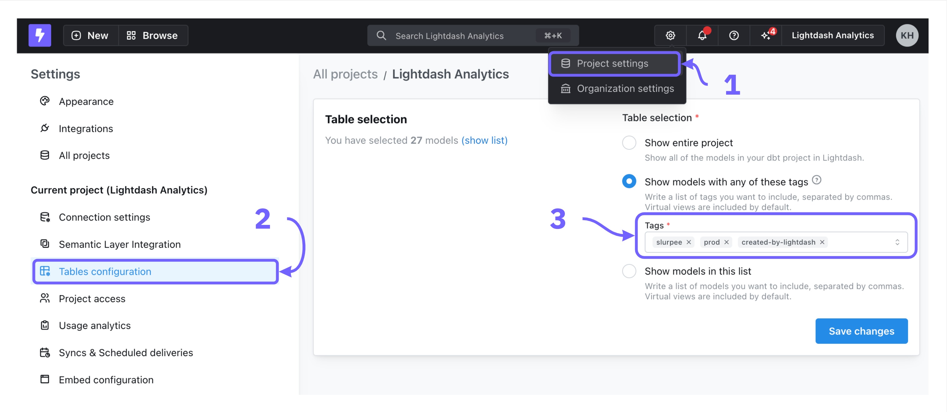 Project settings Tables configuration, with created-by-lightdash added to the list of included tags