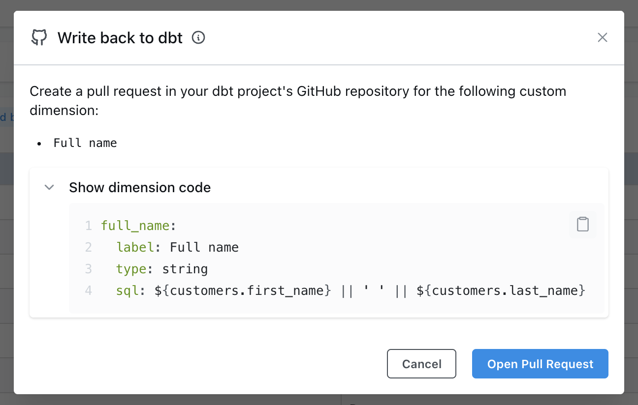 The Write back to dbt modal previewing the dimension YAML, with an Open Pull Request button